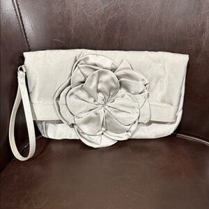 Kate Landry Light Gray/Silver Wristlet with Satin Floral Design